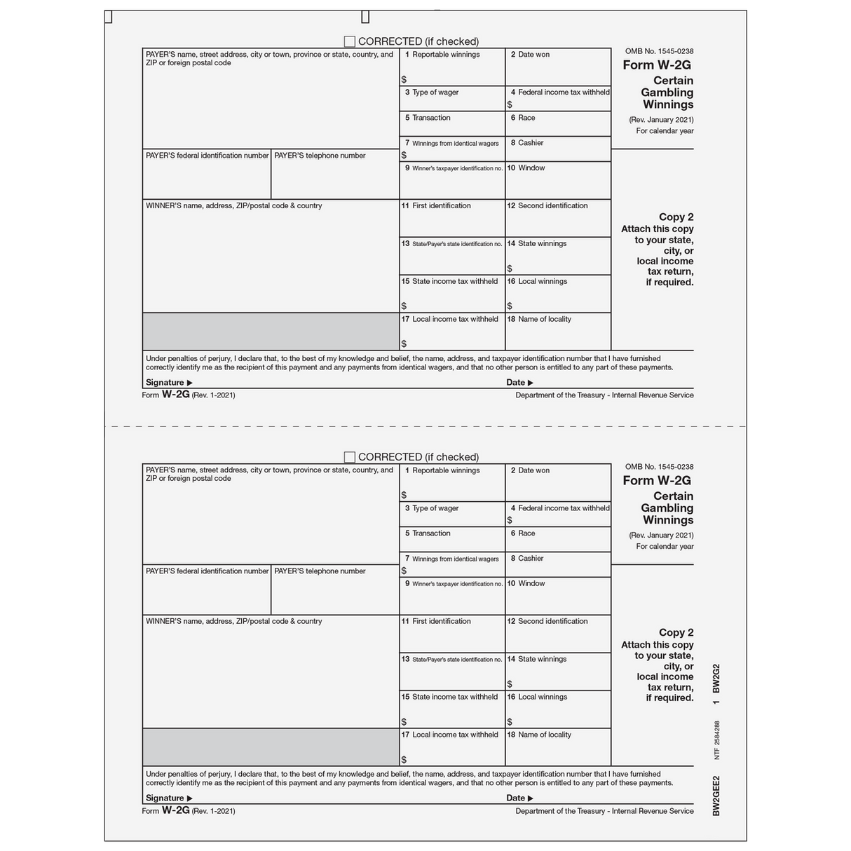 W-2G Certain Gambling Winnings, Winner State, City, Local, Copy 2
