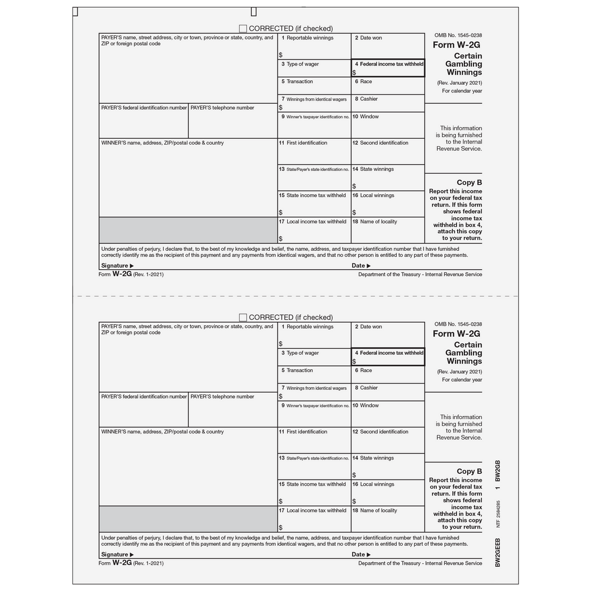 Form W-2G Certain Gambling Winnings, Winner Federal Copy B