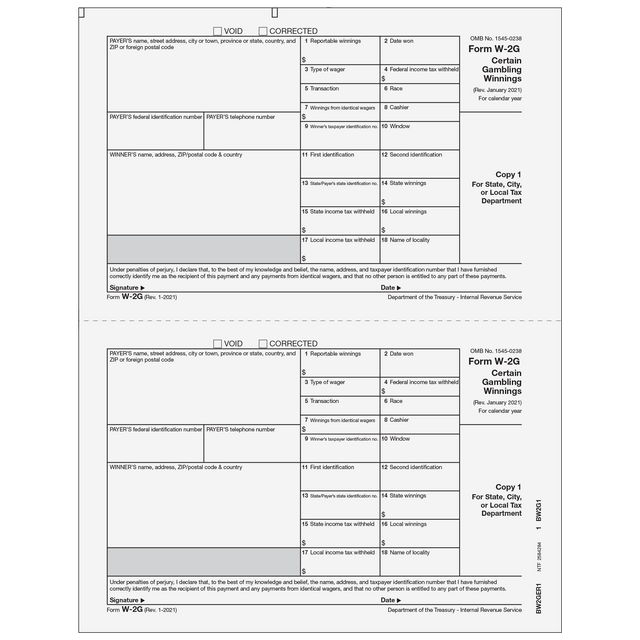 Form W-2G Certain Gambling Winnings, Payer State, City, Local, Copy 1