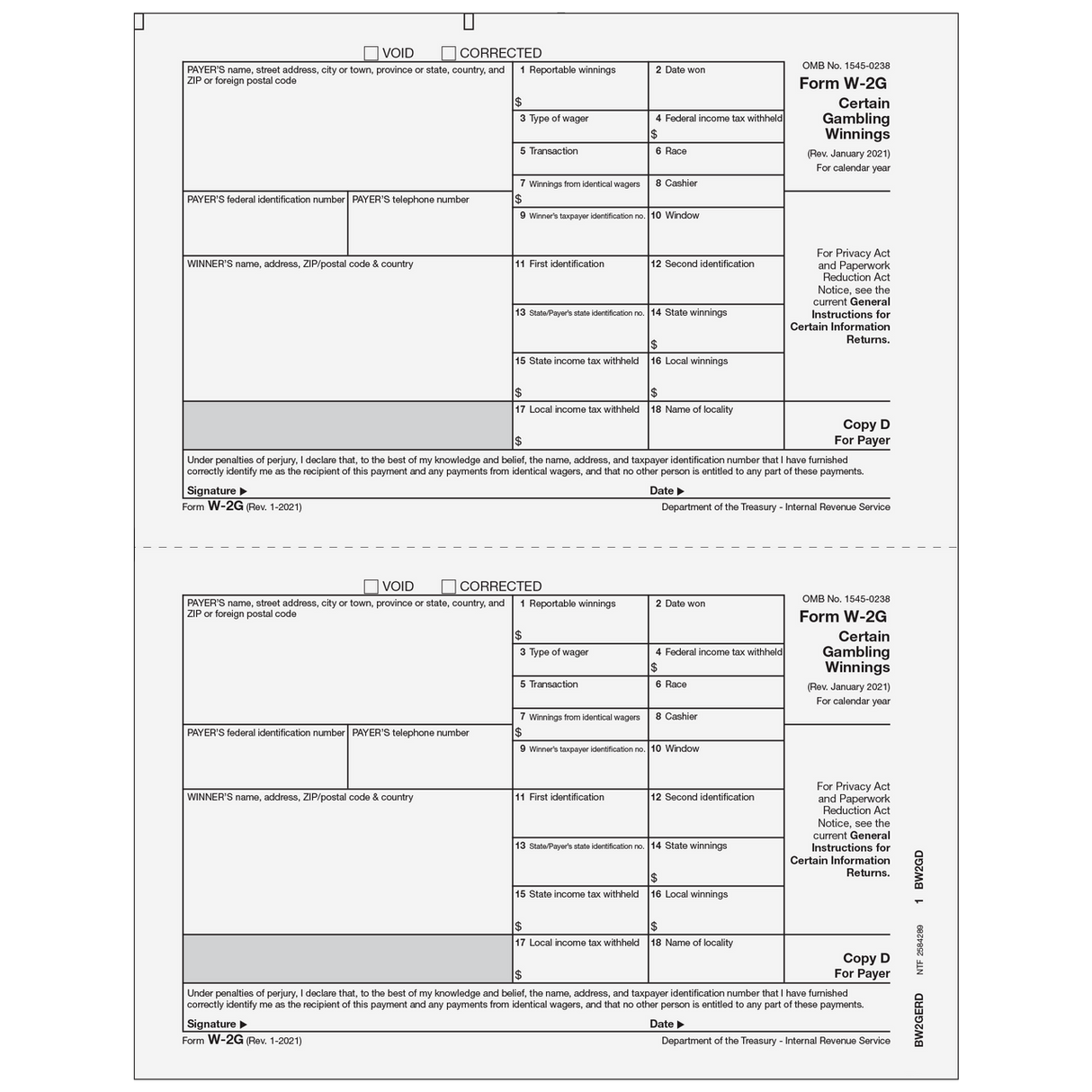 Form W-2G Certain Gambling Winnings, Payer Copy D BW2GERD05