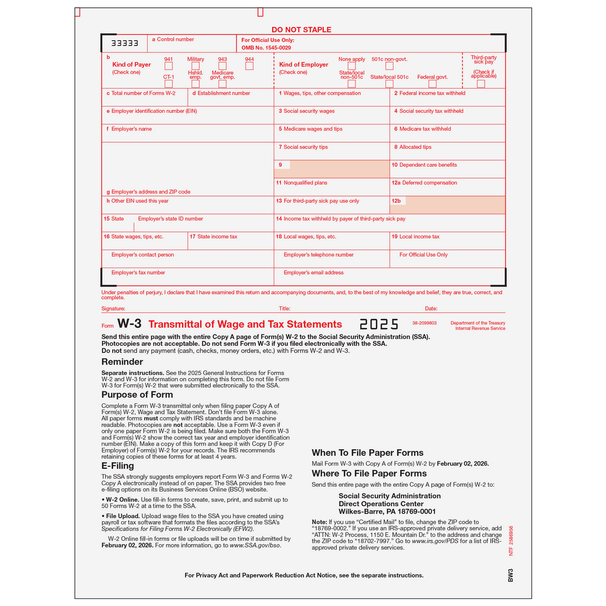 Form W-3 Transmittal Employers Federal