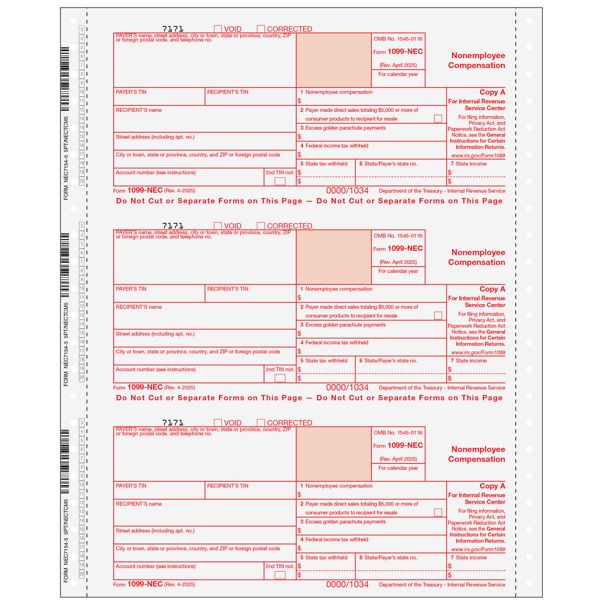 Form 1099-NEC Non-Employee Compensation, 5-Part (Carbonless)