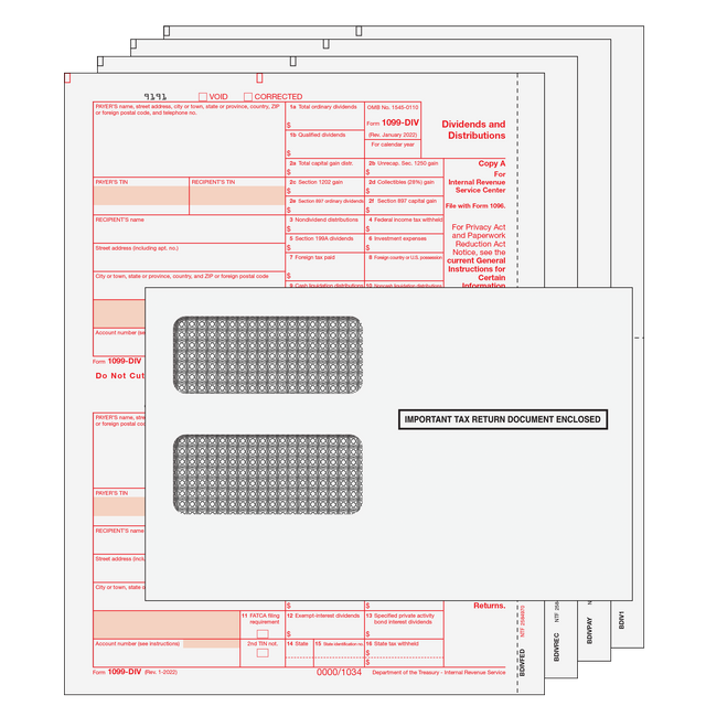 1099-DIV Dividends and Distributions - Preprinted 4-part Kit (with Self Seal Envelopes)
