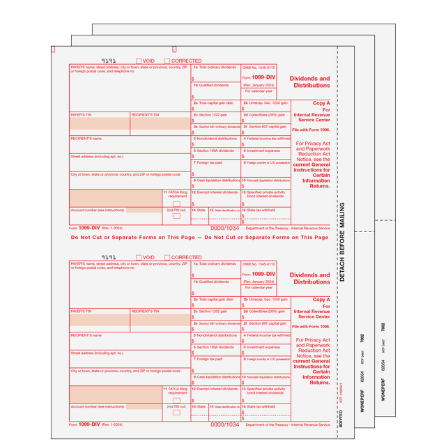 1099-DIV Dividends and Distributions - 4/5-part Set (Blank Copies)