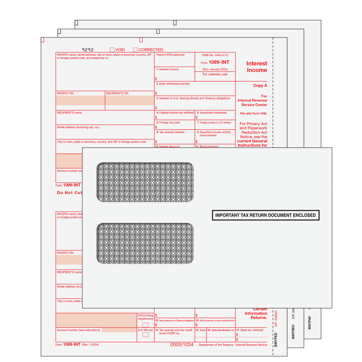 1099-INT Interest Income Preprinted 3-Part Kit (with Moisture Seal Envelopes)