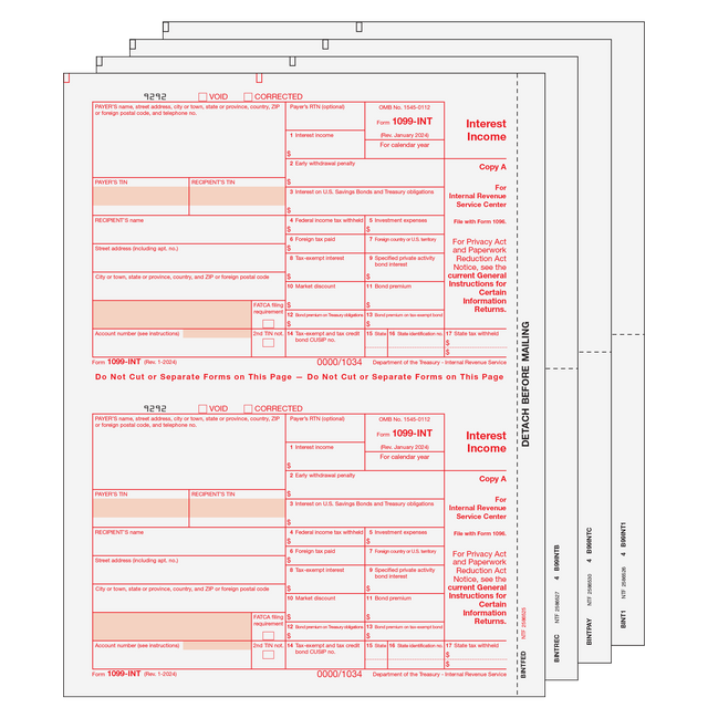 1099-INT Interest Income - 4-Part Set (Preprinted)