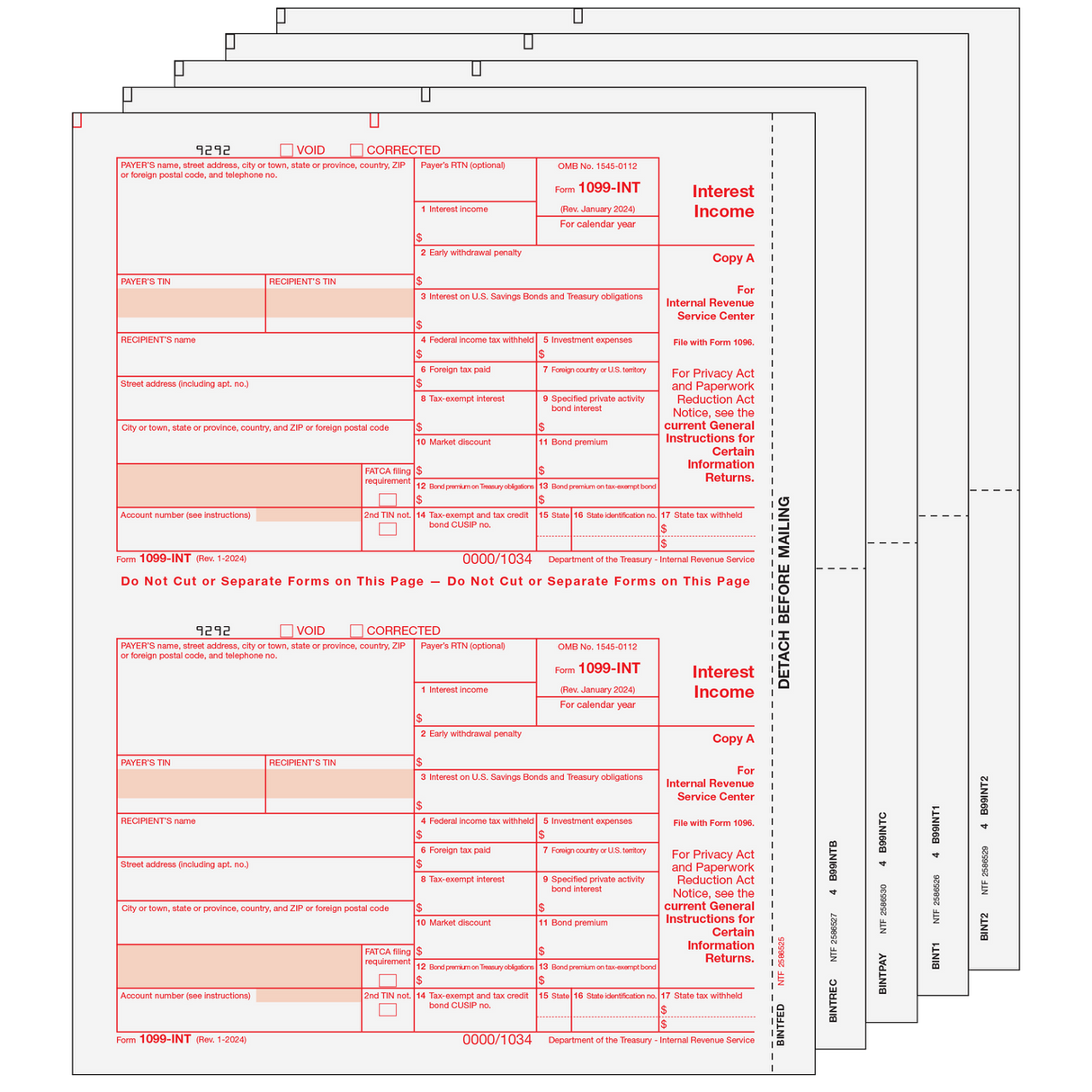 1099-INT Interest Income - 5-Part Set (Preprinted)