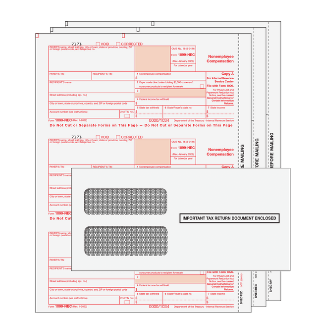1099-NEC Non-Employee Compensation Preprinted 3-part Kit (with Tamper Evident Envelopes)