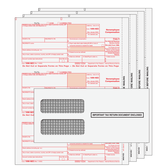 1099-NEC Non-Employee Compensation Preprinted 4-part Kit (with Tamper Evident Envelopes)