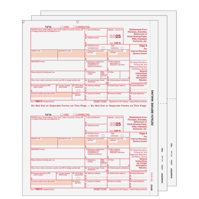 Form 1099-R Distributions From Pensions, etc. 4-part Set (Blank Copies)