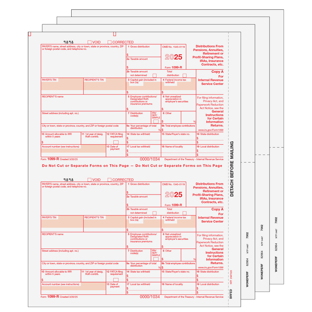 1099-R Distributions from Pensions, etc. - 6-part Set (Blank Copies)